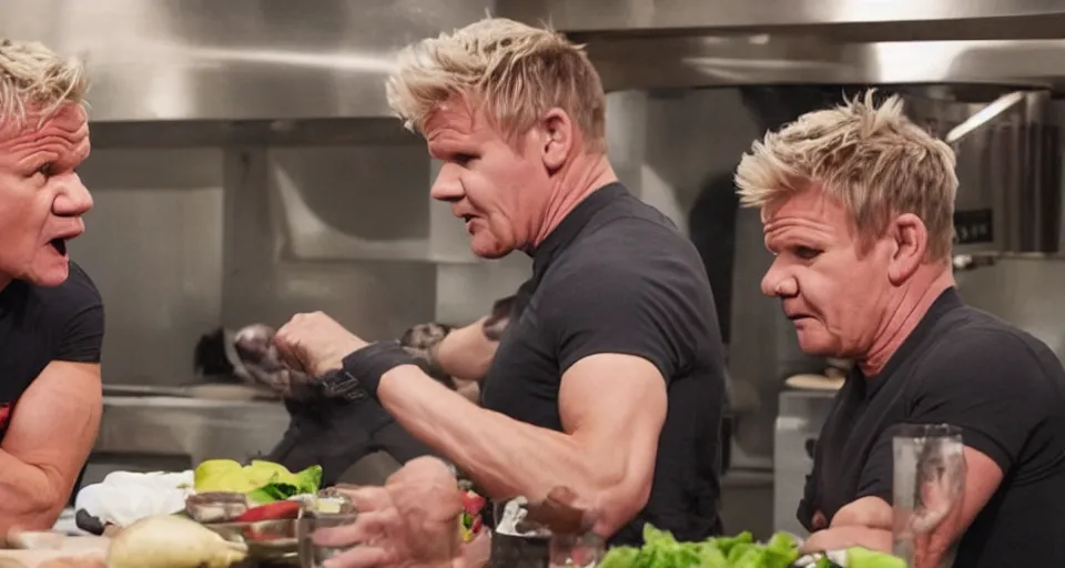 Image similar to photo of angry furious Gordon Ramsay punching Gordon Ramsay at the kitchen