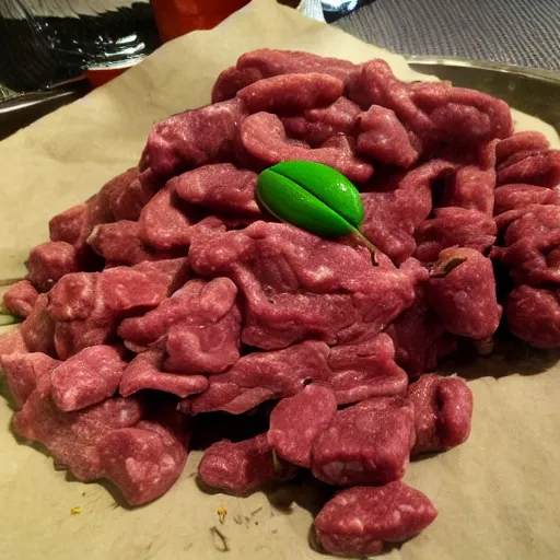 Prompt: raw meat chunks raw beans, mold, android cell phone photo,