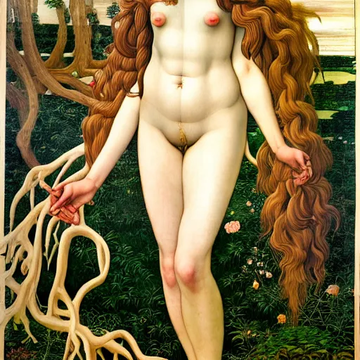 Prompt: the Deity of Summer, the entire body is composed out of roots, plants, flora and fauna, that take on a human form, in a style blending pre-raphaelite paintings, shojo manga, Japanese street fashion, Botticelli, and Magic realism, photorealistic 4k, masterpiece, very fine ink lines, sfumato, dramatic lighting