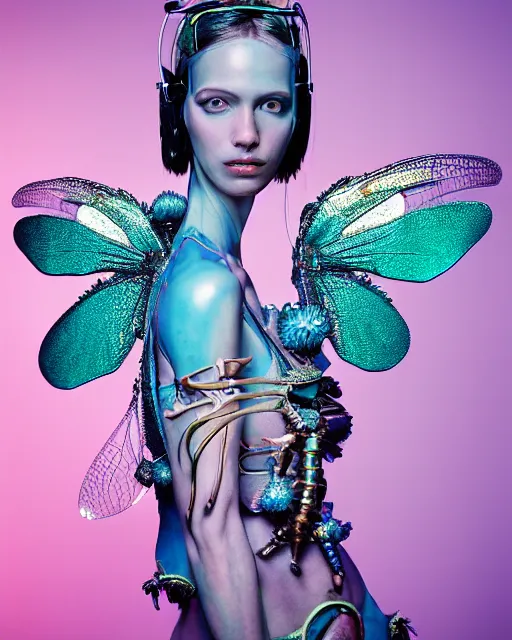 Image similar to natural light, soft focus portrait of a cyberpunk anthropomorphic dragonfly with soft synthetic pink skin, blue bioluminescent plastics, smooth shiny metal, elaborate ornate head piece, piercings, skin textures, by annie leibovitz, paul lehr