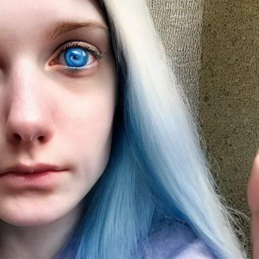 Prompt: a pale girl with wide blue eyes and blue hair, soft facial features, looking directly at the camera, neutral expression, instagram picture