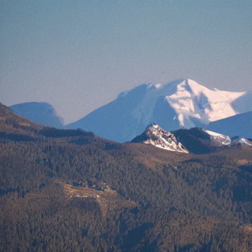 Image similar to a realistic, detailed telephoto photograph of a distant mountain shaped like an ice cream cone