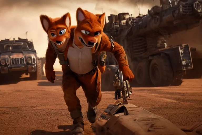 Image similar to nick wilde, heavily armed and armored facing down armageddon in a dark and gritty reboot from the makers of mad max : fury road : witness me