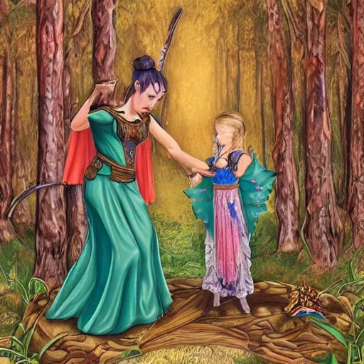 Prompt: sensual girl warrior making a ritual with her daughter in a magical forest, fantasy, highly detailed faces