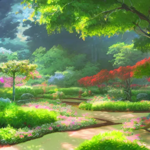 Image similar to a digital painting depicting a beautiful garden from an anime movie, in the style of Tue Tue on ArtStation, cinematic render, 4k,