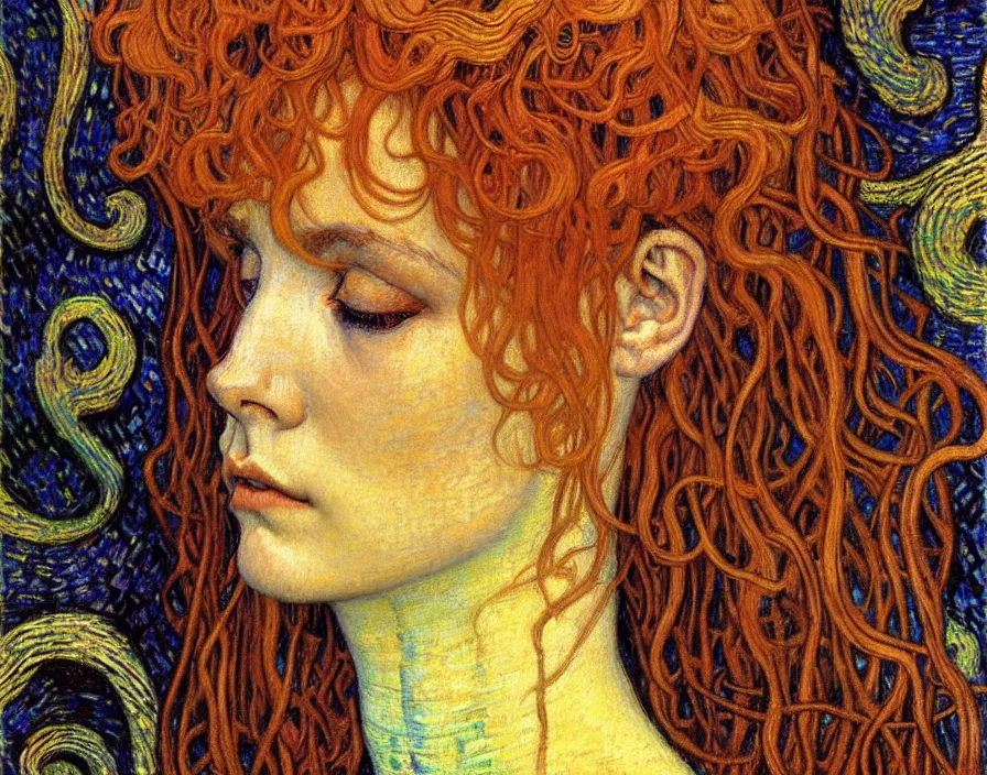 Image similar to detailed realistic beautiful young medieval queen face portrait by jean delville, gustav klimt and vincent van gogh, art nouveau, symbolist, visionary, gothic, pre - raphaelite, muted earthy colors, desaturated