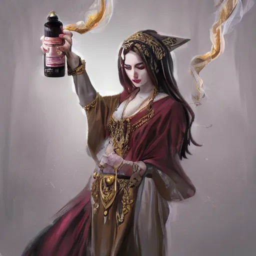 Image similar to a beautiful priestess holding an ornate bottle pouring smoke, concept art