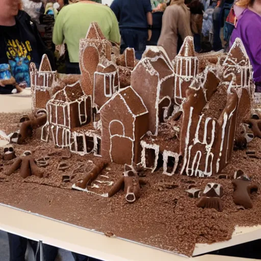 Image similar to dilapidated ruined city made of gingerbread, wreckage of a full - sized towering gingerbread cityscape, dramatic, award - winning photography