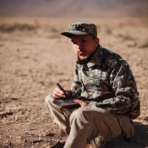 Image similar to portrait of a man wearing camuflage, army clothing, he ‘ s sitting in the desert eating some colorful crayons, beautiful composition, 5 0 mm f 1. 8, ambient light