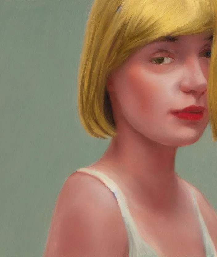 Prompt: a closeup portrait of woman with a blonde bob with bangs, frontal view, in the style of edward hopper, very fine brush strokes, 4 k,