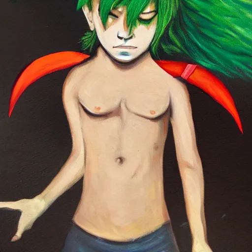 Image similar to a painting of a boy with green hair and devil horns and an eye patch