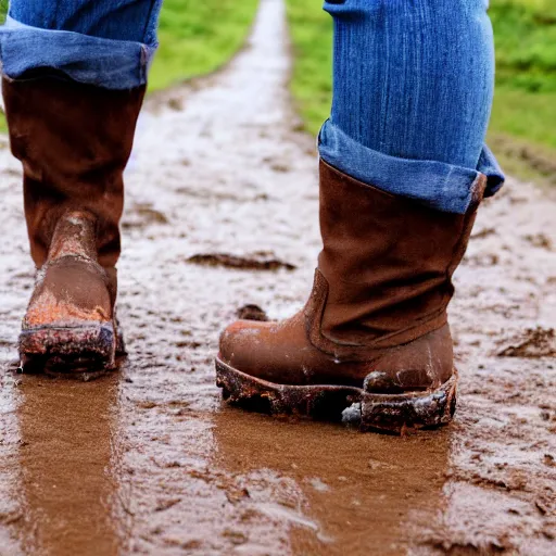 Image similar to a woman in chunky platform boots walking on a muddy road, canon EOS 1000D