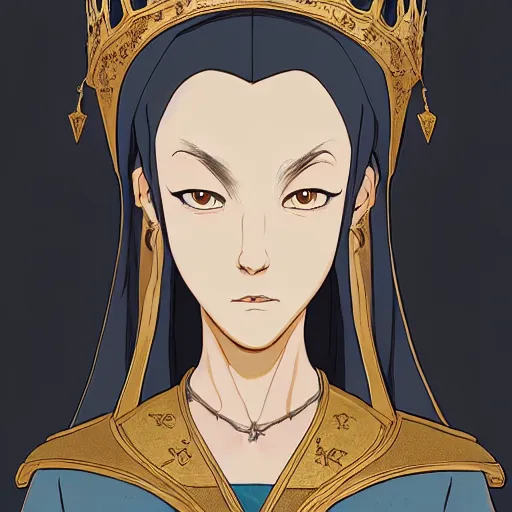 Prompt: portrait of a medieval old queen, cartoon character, artstation, elegant, highly detailed, digital painting, concept art, smooth, sharp focus, illustration, art by studio ghibli, makoto shinkai, don bluth, fujita goro, jean giraud, atey ghailan, akihiko yoshida, tom whalen 8 k