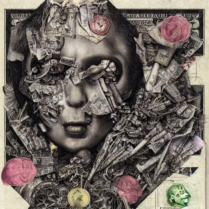 Image similar to post - punk album cover, asymmetrical design, dollar bank notes, capitalism, magic, apocalypse, psychedelic, black white pink, highly detailed, magic, giger h. r., giuseppe arcimboldo