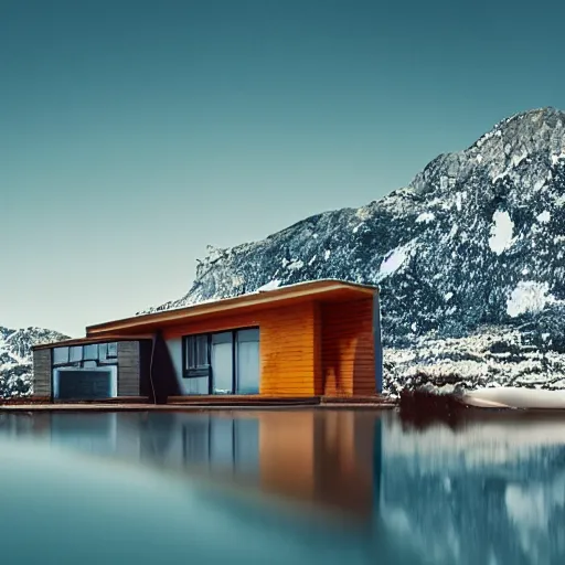 Image similar to wes anderson style modern futuristic house near the lake, snowy mountains and green forest, cinematic, realism, photo, detailed