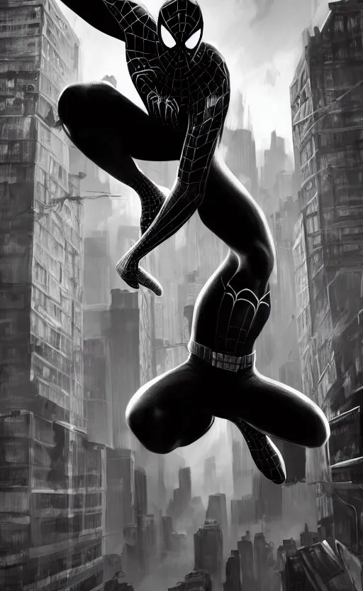 Image similar to epic spiderman noir wallpaper, dynamic lighting, photorealistic fantasy concept art, trending on art station, stunning visuals, creative, cinematic, ultra detailed