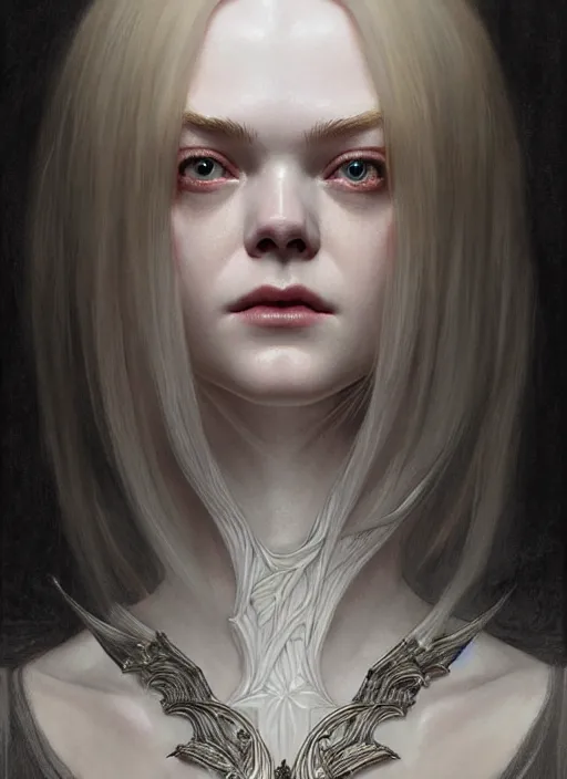 Image similar to symmetry!! portrait of elle fanning in dark souls, horror, fashion, dark!! intricate, elegant, highly detailed, digital painting, artstation, concept art, smooth, sharp focus, illustration, art by artgerm and greg rutkowski and alphonse mucha