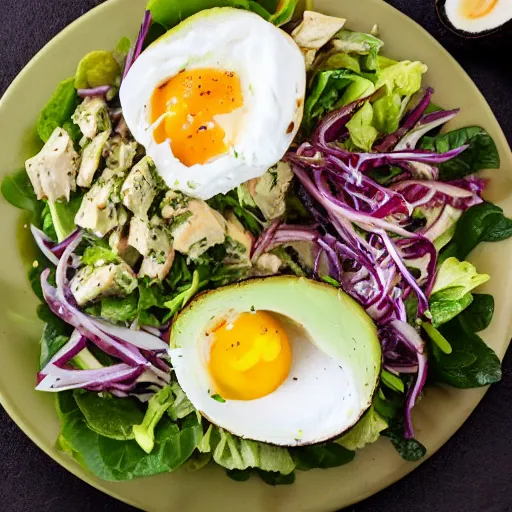 Image similar to chicken salad with avocado and poached egg, food photography