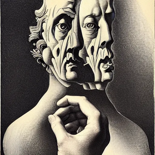 Image similar to lithography on paper conceptual figurative post - morden monumental portrait by goya and escher and hogarth, illusion surreal art, highly conceptual figurative art, intricate detailed illustration, controversial poster art, polish poster art, geometrical drawings, no blur