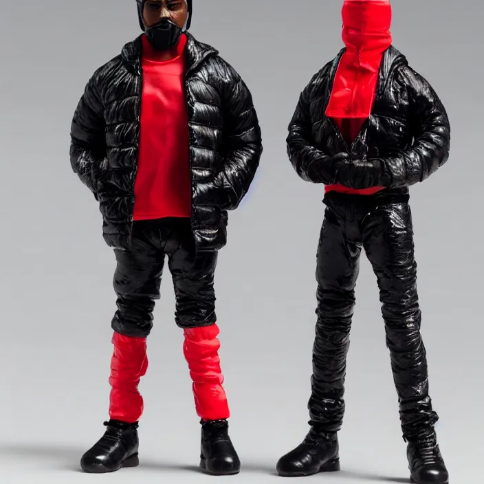 Image similar to a action figure of kanye west using full face - covering black mask with small holes. a small, tight, undersized reflective bright red round puffer jacket made of nylon. a shirt underneath. red nylon reflective pants. a pair of red shoes, figurine, detailed product photo, 4 k, realistic, acton figure, studio lighting, professional photo