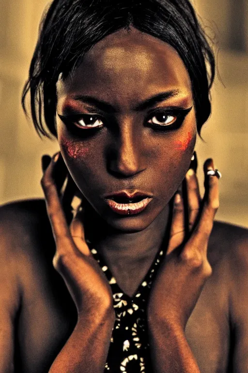 Image similar to elha saresi, eyes of a demon, ancient african androgynous vampire