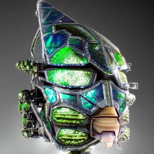 Prompt: an extremely high quality octane render of a crystallised cybertronic cyberpunk mask made of opal labradorite moldavite petalite specimen, peacock mantis shrimp colors, glittering, highly detailed, highly polished, reflective, specular, complimentary colors, 8 k, hd photo, reflections, shimmering, sharp edges, crisp