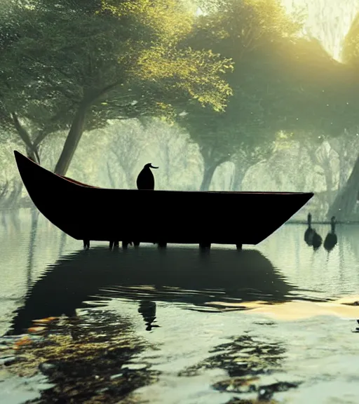 Image similar to three humans with a reflection of three crows in a little boat in a swamp, volumetric lighting, fog, majestic light, octane render, ethereal glare of the sun, hyperrealistic, epic, masterpiece, by makoto shinkai