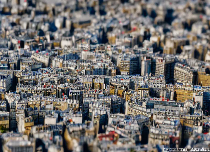 Prompt: tilt shift arial photo still of paris made of legos, 8 k, 1 6 mm f 1 6