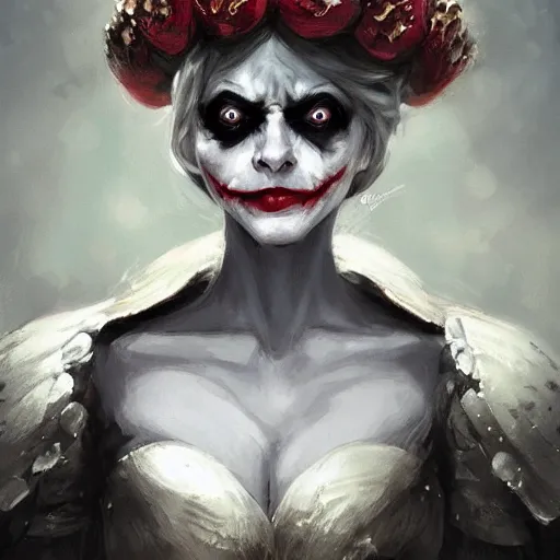 Image similar to joker as an attractive mature smiling woman wearing a mushroom crown and heavy armoured wedding dress, face portrait, hd shot, digital portrait, elegant, beautiful, fantasy art, artstation, comic style, by artgerm, guy denning, jakub rozalski, magali villeneuve and charlie bowater