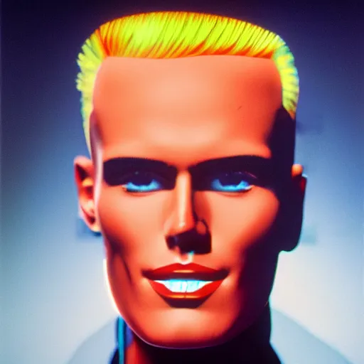 Prompt: Max Headroom ON tv in the studio, 1980's. analog glitch, intricate artwork by caravaggio. Trending on artstation, octane render, cinematic lighting from the right, hyper realism, octane render, 8k, depth of field, 3D