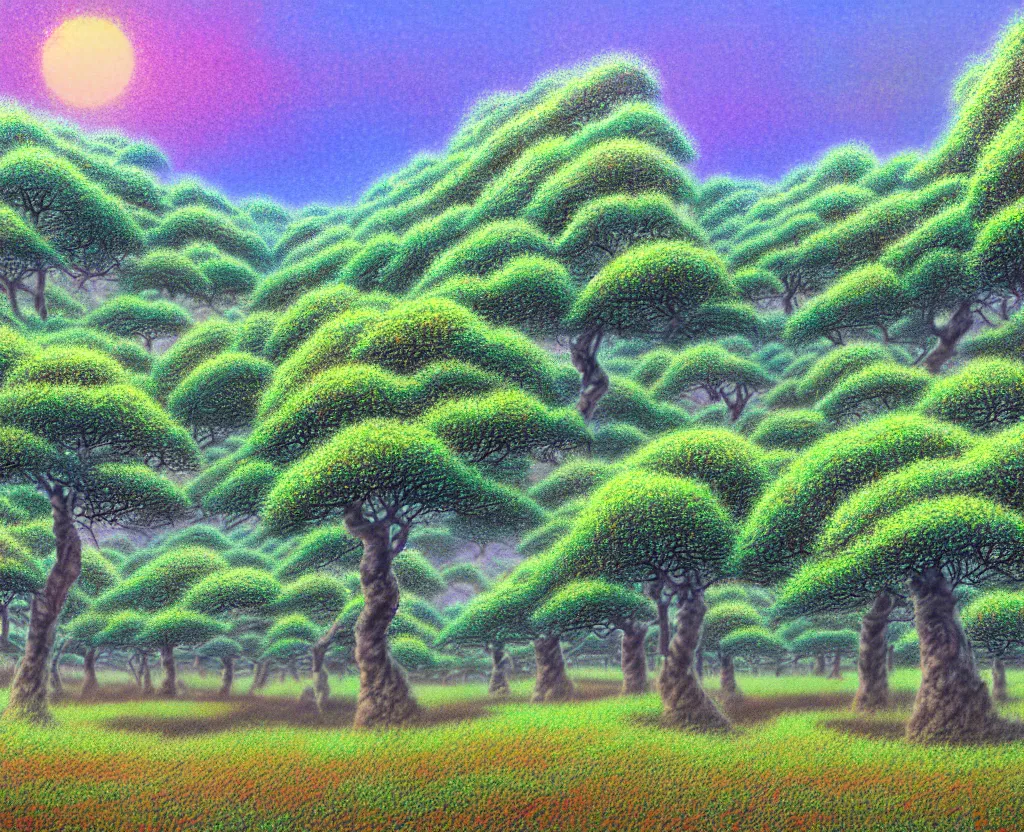 Prompt: a landscape pastel in the style of noriyoshi ohrai and mark tedin of an orchard where all the trees are made of chrome metal. key art. 4 k retrofuturistic fantasy