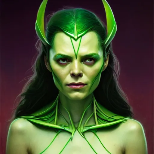Image similar to portrait painting of wanda maximoff with green skin and pointy ears wearing sci - fi clothes as a skrull, ultra realistic, concept art, intricate details, eerie, highly detailed, photorealistic, octane render, 8 k, unreal engine. art by artgerm and greg rutkowski and charlie bowater and magali villeneuve and alphonse mucha
