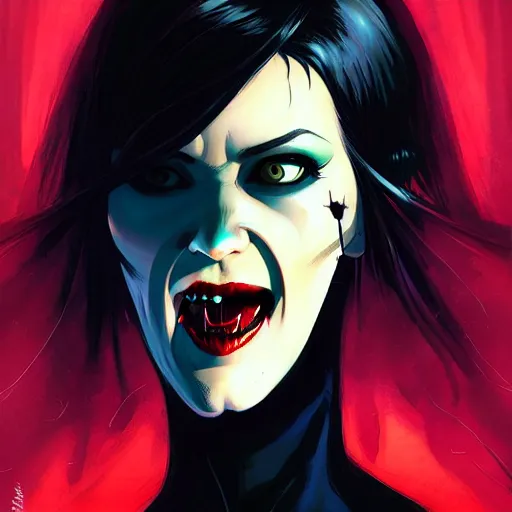 Prompt: rafael albuquerque comic art, peter mohrbacher, steve niles, artgerm, pretty mary elizabeth winstead witch sharp vampire teeth open mouth, black dress, symmetrical eyes, long blonde hair