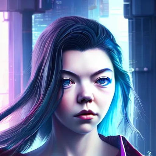 Image similar to closeup front orthographic portrait of anya taylor joy seductive cyberpunk, japanese style, high detail, soft studio lighting, full frontal lighting, digital photography, hyper realistic style, style of masamune shirow