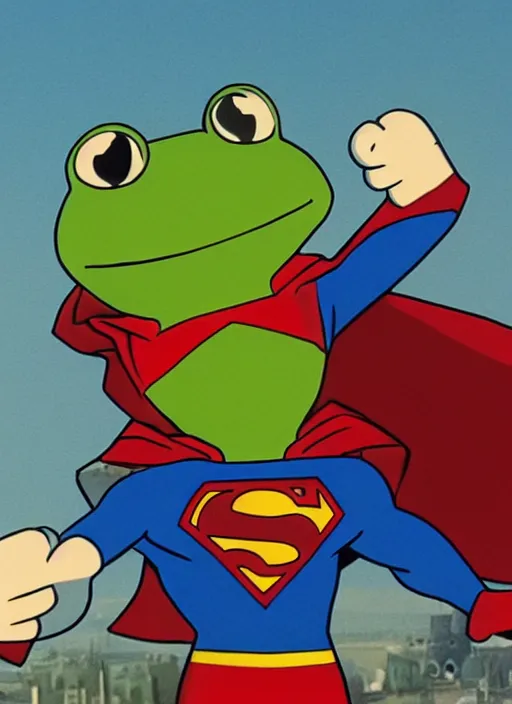 Image similar to film still of Pepe the frog as Superman in Superman, 4k