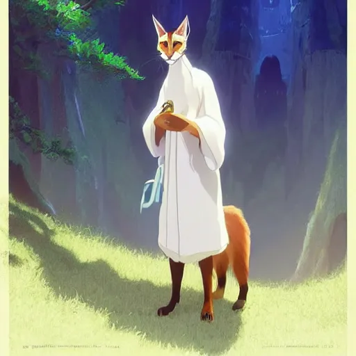 Image similar to a wholesome animation key shot of a cute fluffy caracal wearing white robe, studio ghibli, pixar and disney animation, sharp, rendered in unreal engine 5, anime key art by greg rutkowski, bloom, dramatic lighting