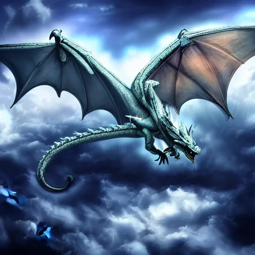 Prompt: Dragon flying above the clouds, digital art, 4K, dramatic lighting