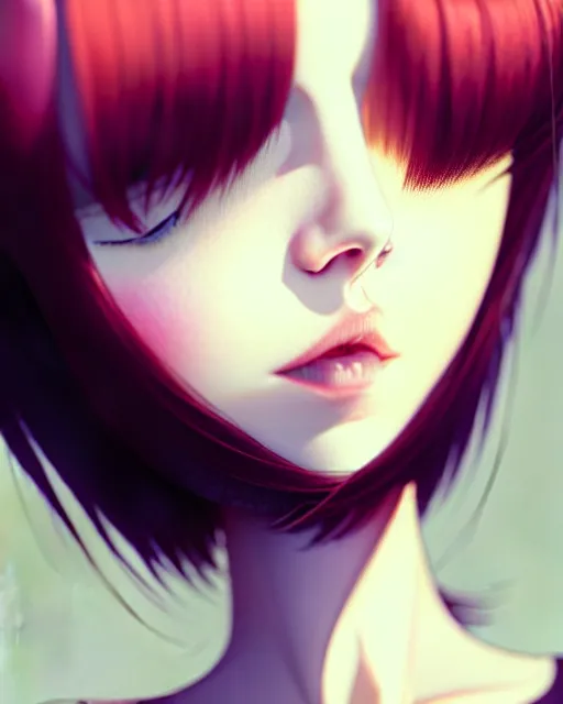 Prompt: full very close up neck shot of a beautiful loner girl, in tshirt with her hair covering eyes, demented, irish, by saruei and guweiz and ilya kuvshinov and range murata, digital art, highly detailed, intricate, sharp focus, trending on artstation hq, deviantart, pinterest, unreal engine 5, 4 k uhd image