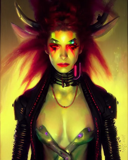 Prompt: painted close - up portrait of a neon intimidating cyberpunk girl. oil painting, wearing a noblewoman's outfit, fantasy art by greg rutkowski and john singer sargent and gaston bussiere, demon noble character design