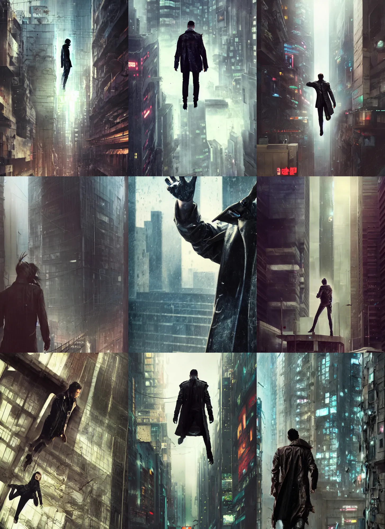 Prompt: movie poster of an android falling off a large windowed building in a muddy cyberpunk city, muted colors, anime, futuristic, highly detailed, octane render, movie poster, wearing a leather trench coat, realistic face details, realistically proportioned face, illustration, digital painting, matte painting, good value control, rule of thirds, in the style of arcane