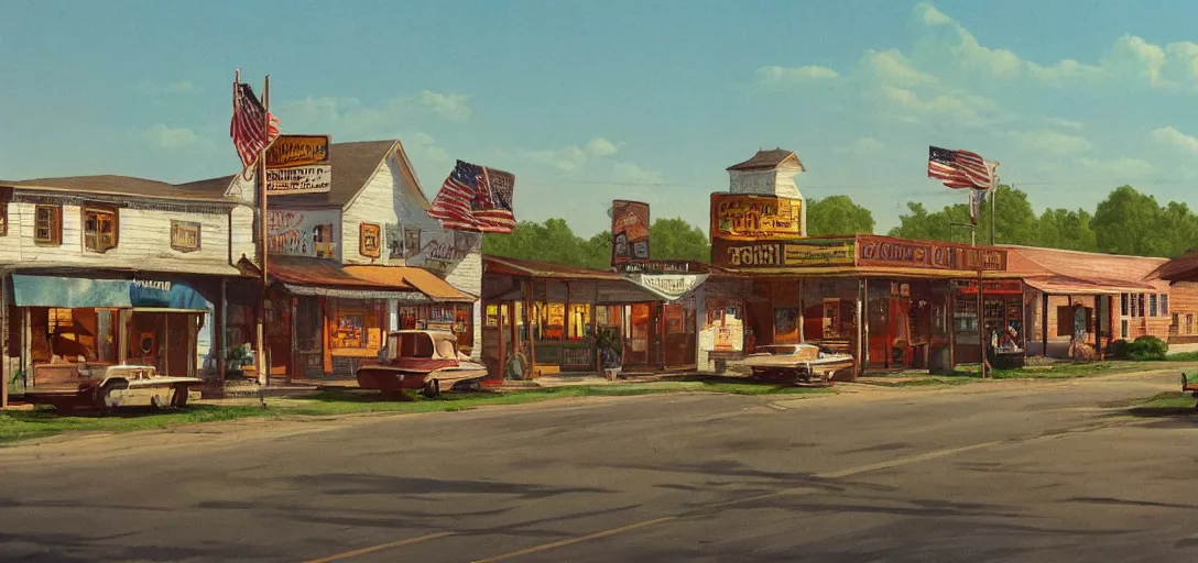 Prompt: concept art of a small rural town in middle America in the 1960s, detailed, Americana, golden hour