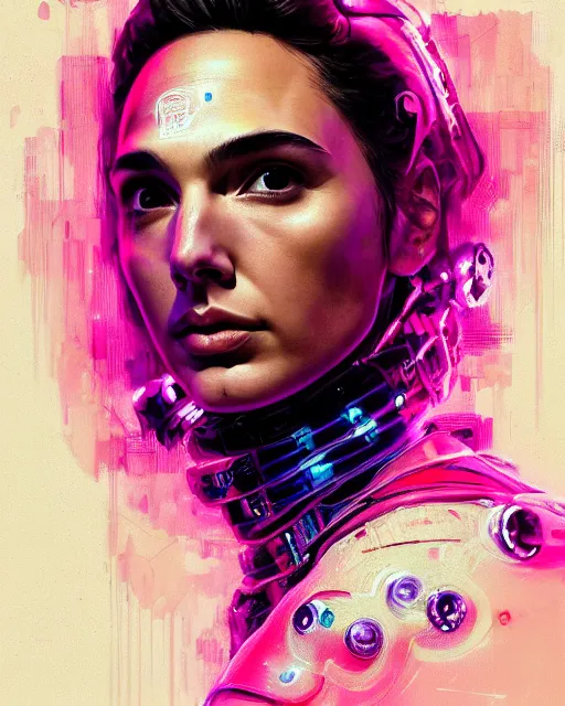 Image similar to detailed side profile portrait Gal Gadot, cyberpunk futuristic neon, reflective puffy coat, decorated with traditional Japanese ornaments by Ismail inceoglu dragan bibin hans thoma greg rutkowski Alexandros Pyromallis Nekro Rene Maritte Illustrated, Perfect face, fine details, realistic shaded, fine-face, pretty face