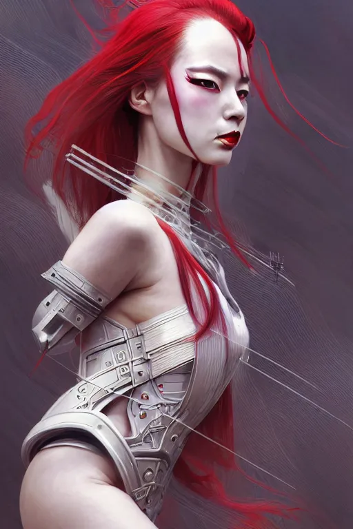 Image similar to > professional dynamtic portrait of female an agile geisha cyberpunk in a dynamic pose , armor elements , long red hair, beautiful bone structure, symmetrical facial features, intricate, elegant, digital painting, concept art, smooth, sharp focus, illustration, by Ruan Jia and Mandy Jurgens , and mucha, and Artgerm and William-Adolphe Bouguerea