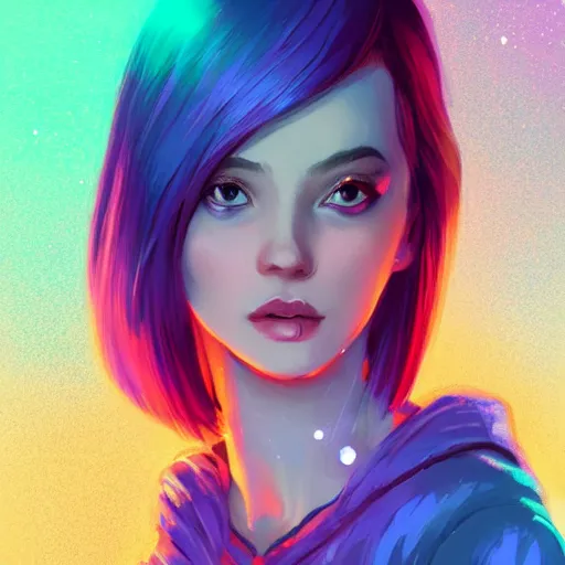 Prompt: a young woman with a starry cloak, aurora colored hair, curious expression, character art, full body art, trending on artstation, artgerm, 4k ultra hd, sharp focus, digital art by Ilya Kuvshinov and Ross Tran,