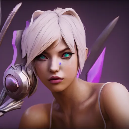 Image similar to still of pretty Riven (League of Legends) in KDA music video. 3d render, octane render, game art, realistic, highly detailed, trending on artstation, 4k, trending on artstation, pixar, cgsociety, unreal engine 5, redshift render, trending on artstation, blender, behance, cg