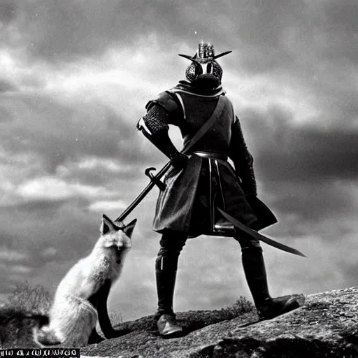 Image similar to anthropomorphic!!! fox!! who is a medieval knight holding a sword towards a stormy thundercloud 1 9 3 0 s film still, castle in the background