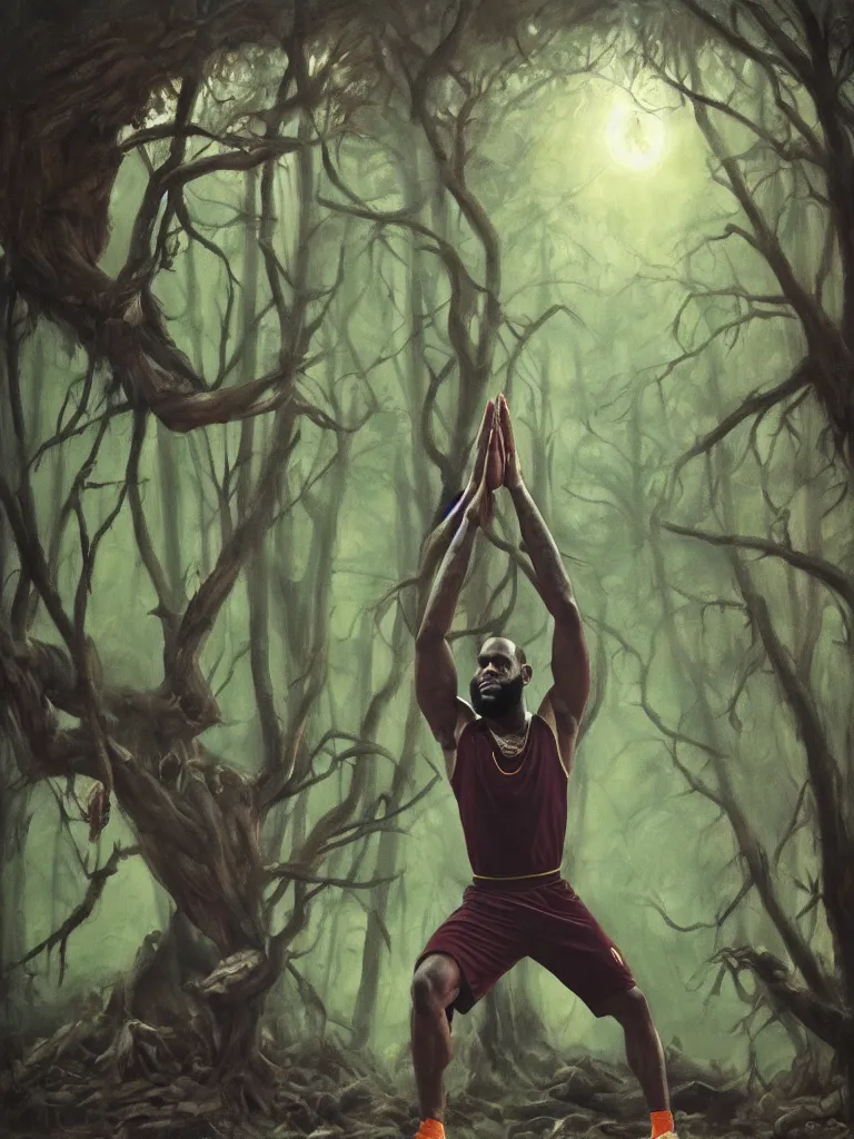 Image similar to lebron james doing yoga in the forest, epic dark fantasy horror stylized oil painting by ivan shiskin. trending on artstation