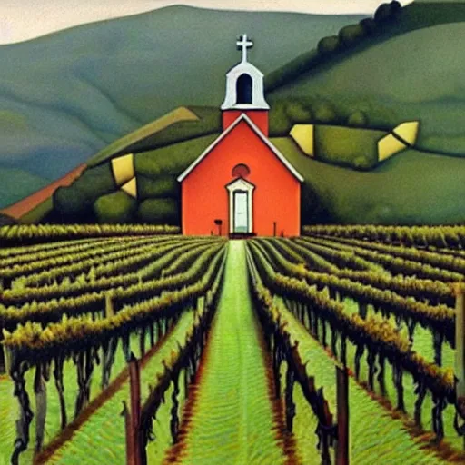 Prompt: Hyperrealism traditional austian church in a vineyard, painting by MC Escher