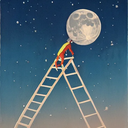 Image similar to a 1500's painting of people climbing a ladder to the moon