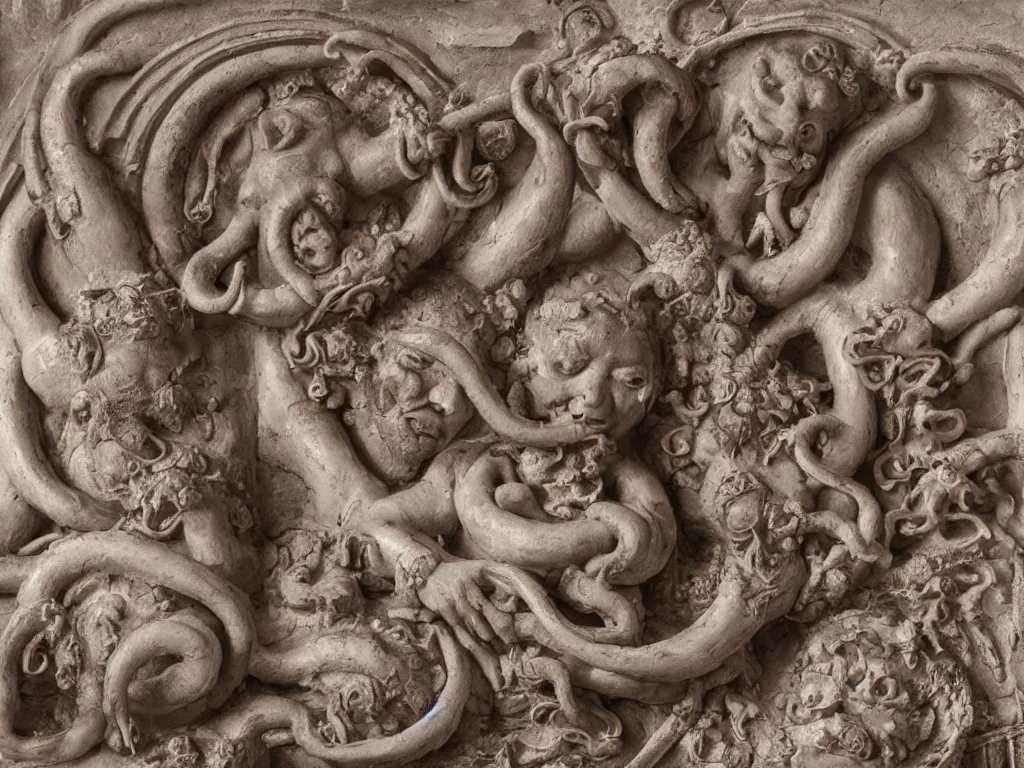 Image similar to twin embryos and octopus with machine gun bas-relief, baroque, highly detailed